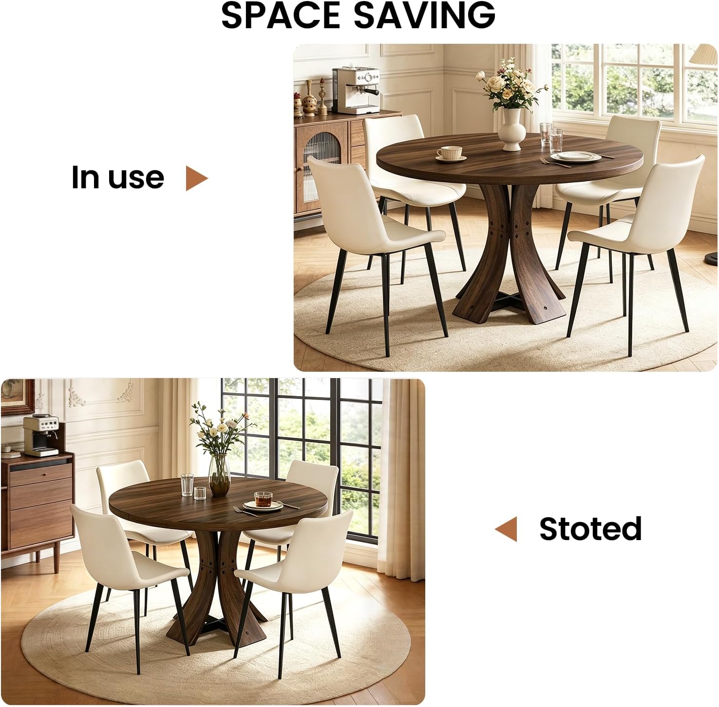 43.3" Round Dining Table Set for 4, 5 Piece Farmhouse Kitchen Table Set with 4 PU Chairs, Mid Century Modern Dining Table with Curved Solid Wood Frame for Dining Room, (Walnut Table+4 Beige Chairs)