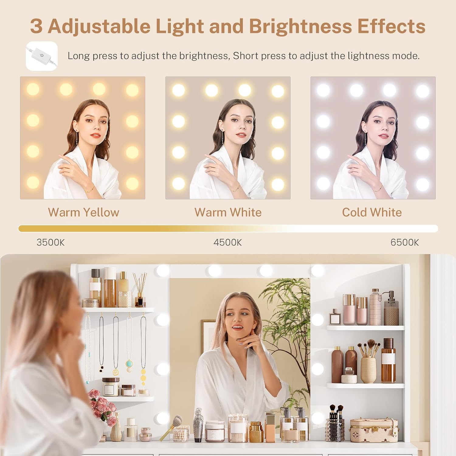 FIONESO Vanity Desk with Mirror and Lights, White | Makeup Vanity with 3 Colors LED Lights, White Vanity with 7 Drawers , 6 Shelves & 5 Jewel Hooks, Girls Vanity for Bedroom
