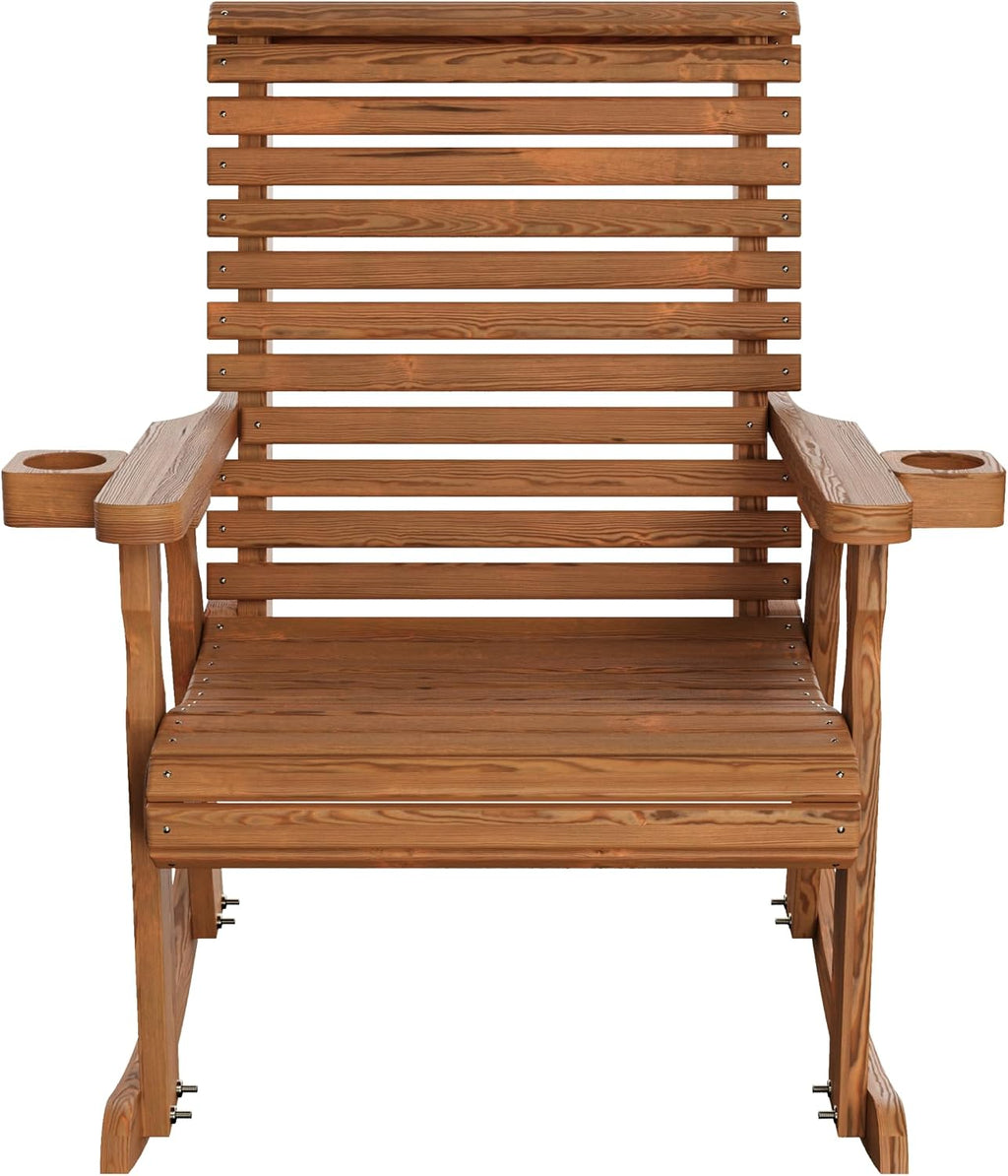 Amish Heavy Duty 600 Lb Roll Back Pressure Treated Rocking Chair with Cupholders (Oak Stain)