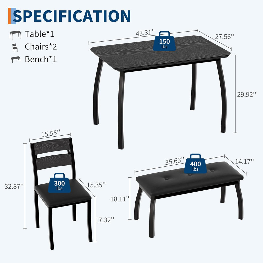 Dining Table Set for 4, 3-Piece Wooden Kitchen Table with 2 Upholstered Benches, Space-Saving Dinette Set for Restaurant, Studio, Dining Room, Home Kitchen, Gray (Black, 2 Chairs + 1 Bench)