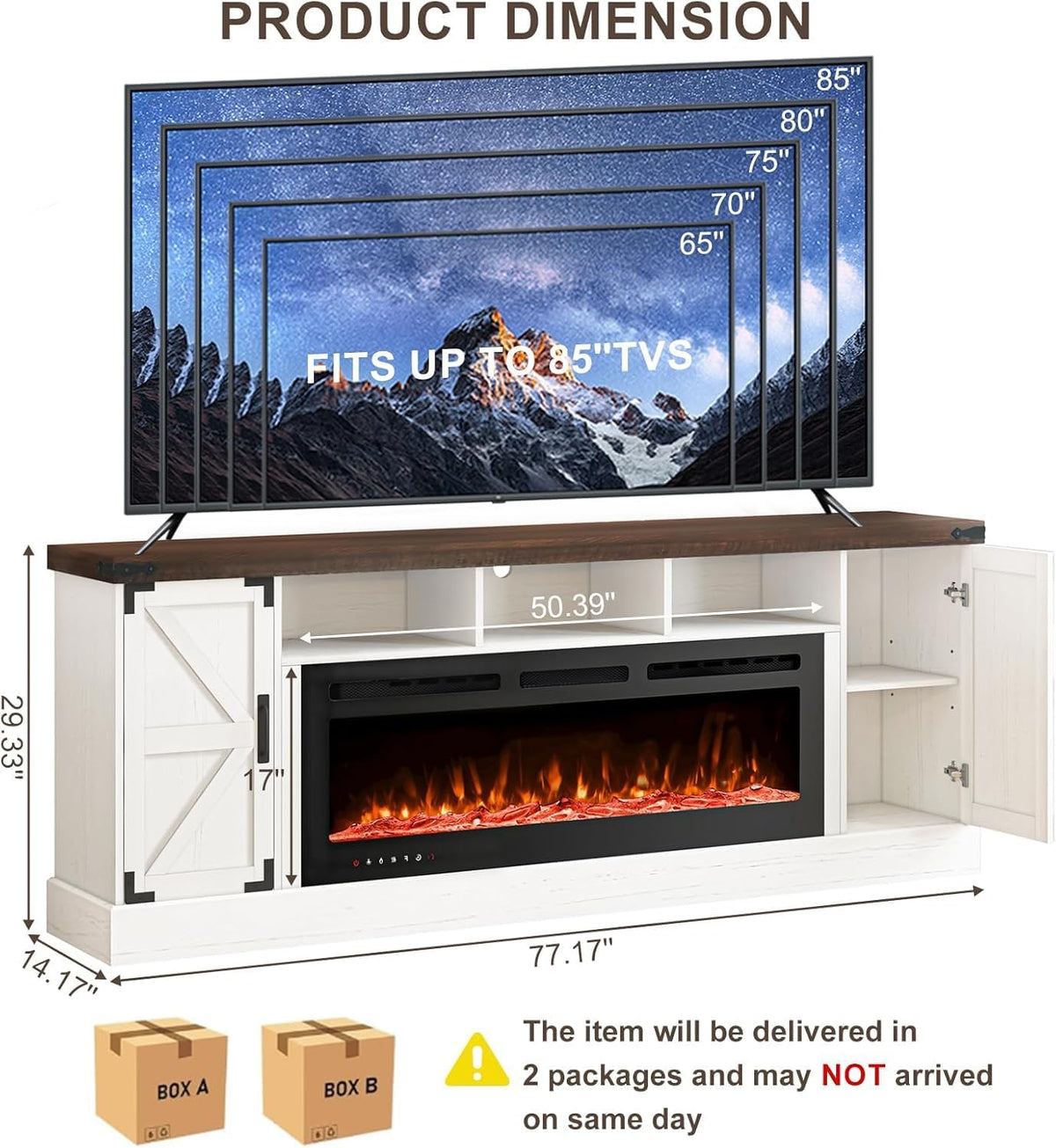 77 INCH Fireplace TV Stand for 85 Inch TVs, Farmhouse Entertainment Center with 50" Electric Fireplace and Power Outlets, LED Media Console Cabinet for Living Room, White