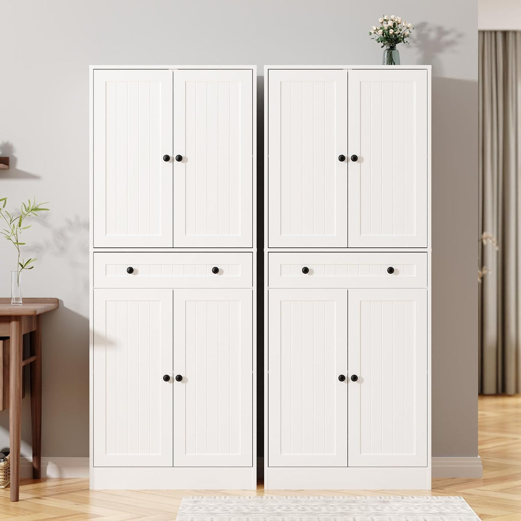 Furnify 71" Tall Kitchen Pantry Storage Cabinet with Doors & Drawer, White | Farmhouse Freestanding Cupboard with Adjustable Shelves, Rustic Wood Pantry for Dining Room Living Room