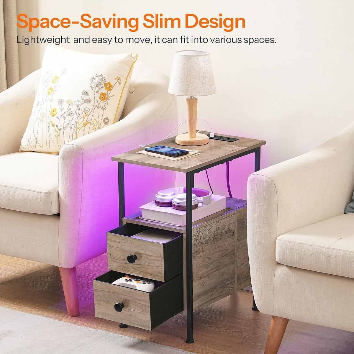 HOOBRO End Table with Charging Station & Led Light, Flip-Top Narrow Side Table with 2 Drawers, Nightstand for Small Spaces, Bedroom, Living Room, Stable and Sturdy, Greige and Black BG436UDBZ01