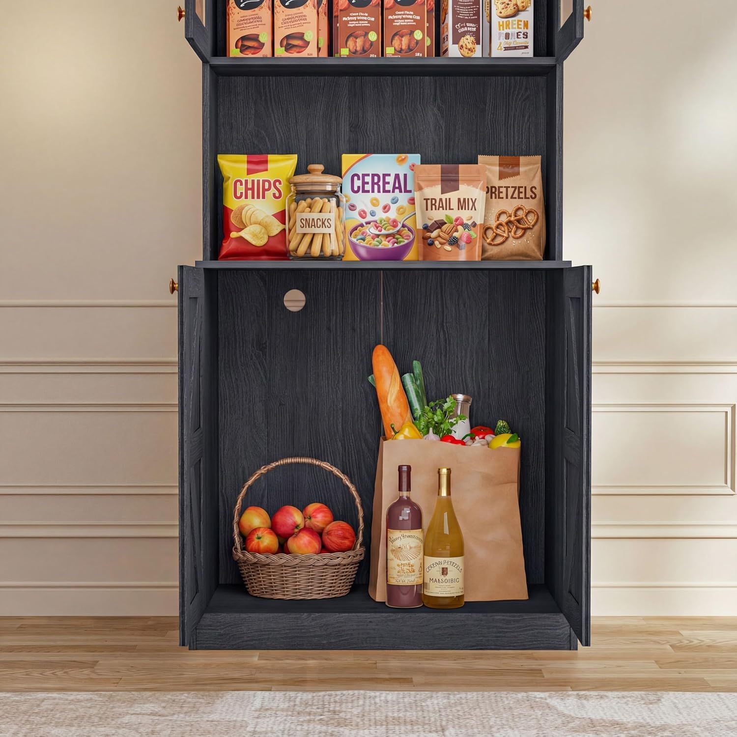 71" Farmhouse Kitchen Pantry Cabinet Freestanding Coffee Bar with Glass Doors or Drawers, Microwave Stand, Large Storage Hutch with Adjustable Shelves for Kitchen and Living Room，Black 3pcs