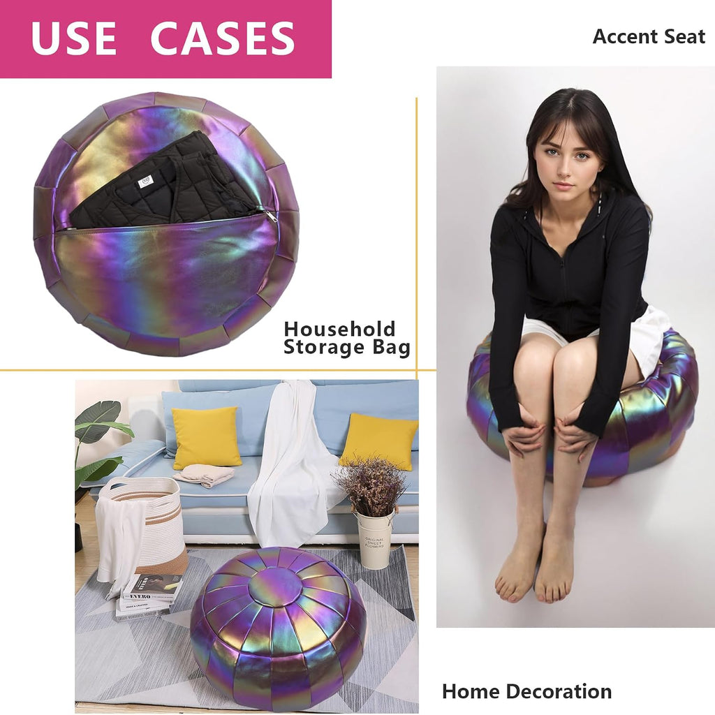 Round Unstuffed Sparkling Pouf Ottoman, Bean Bag Chair, Foot Stool, Foot Rest, Storage Solution (Empty & New) for Living Room (Purple(L), Large)