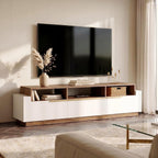 BELLEZE 70" TV Stand for TV up to 70", Modern Home Entertainment Center with Open Shelves and Drawers, Media Console Table, Wood Storage Cabinet for Living Room - Broadway (White)