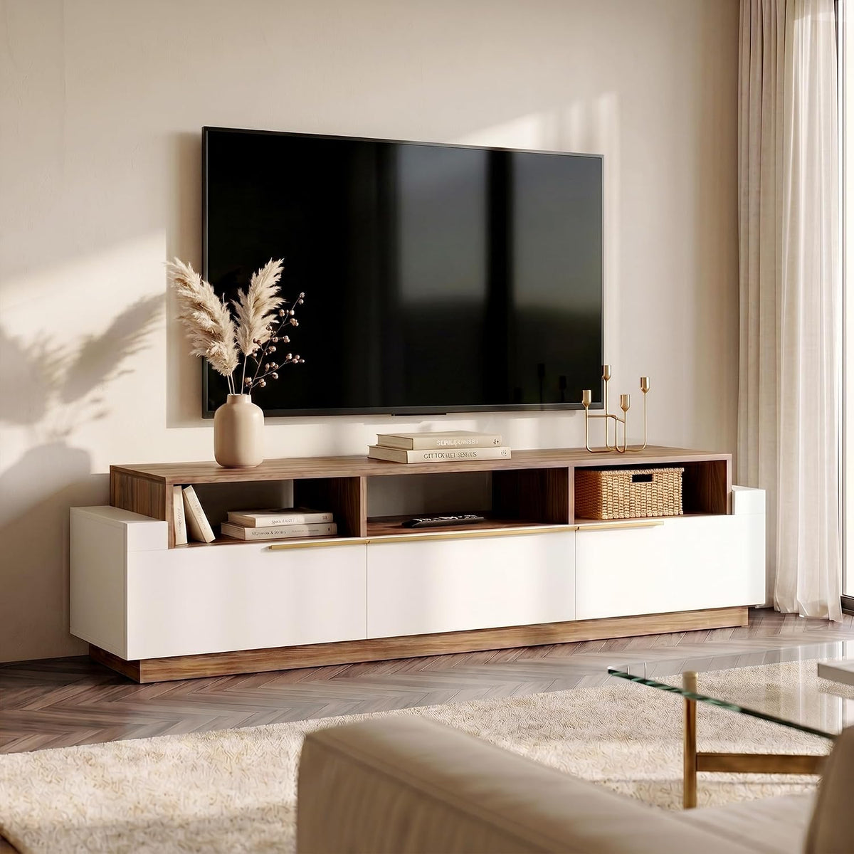 BELLEZE 70" TV Stand for TV up to 70", Modern Home Entertainment Center with Open Shelves and Drawers, Media Console Table, Wood Storage Cabinet for Living Room - Broadway (White)