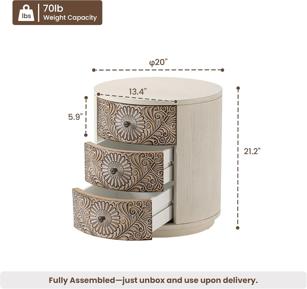 HOMPUS Round End Table Set 2, Fully Assembled Nightstand w 3 Storage Drawers, Farmhouse Wood Dresser Set of 2, Vintage Nightstand Bedside Tables, Aceent End Tables for Bedroom, Rustic White