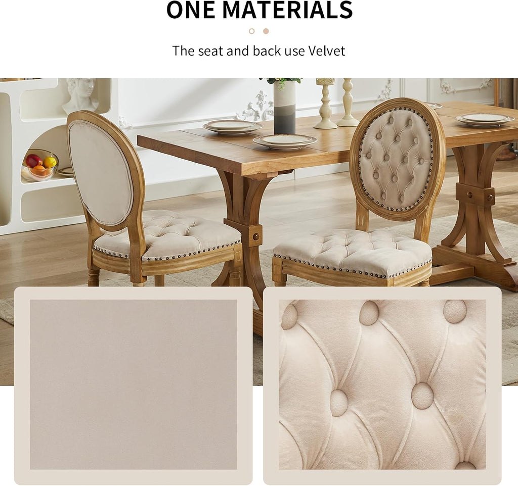 Vintage French Country Dining Chairs Set of 6, Velvet Dining Chair with Solid Wood Legs, Beige Upholstered Dining Chairs, Sillas para Comedor, Kitchen & Dining Room Chair (Beige, 6Pcs)