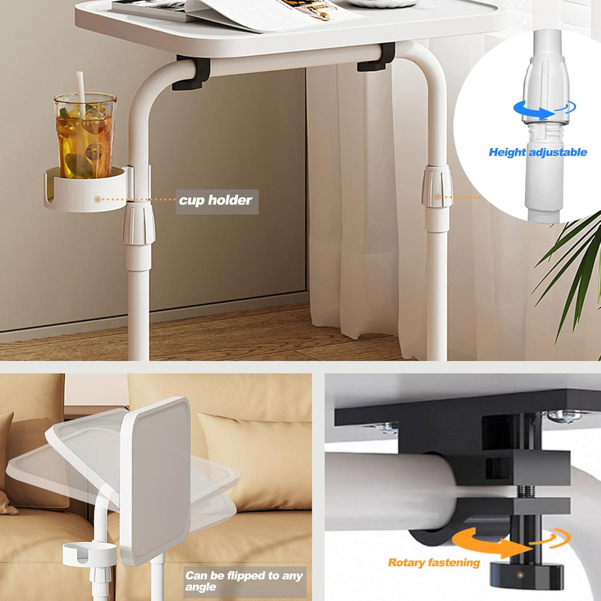 TUTOTAK C Shaped End Table with Tiltable Surface, Set of 2, Adjustable Height Side Table, Slide Under Couch Table TV Tray for Eating, Sofa Tray for Livingroom, Bedroom White TB01BW0912