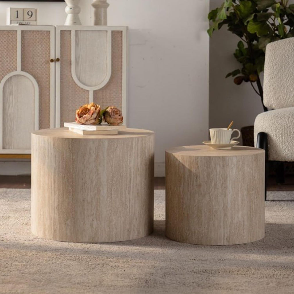Retro Nesting Coffee Table Set of 2, 33.86" Round Wood Coffee Tables, Circle Modern Accent End Side Table for Small Space Living Room