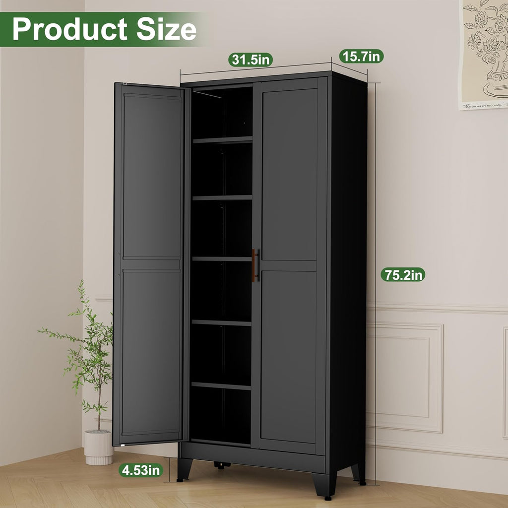 Ckzbx Metal Cabinets with Doors and Shelves, 75" H Black Storage Cabinet Pantry Cabinet Garage Cabinets for Kitchen,Living Room, Dinning Room