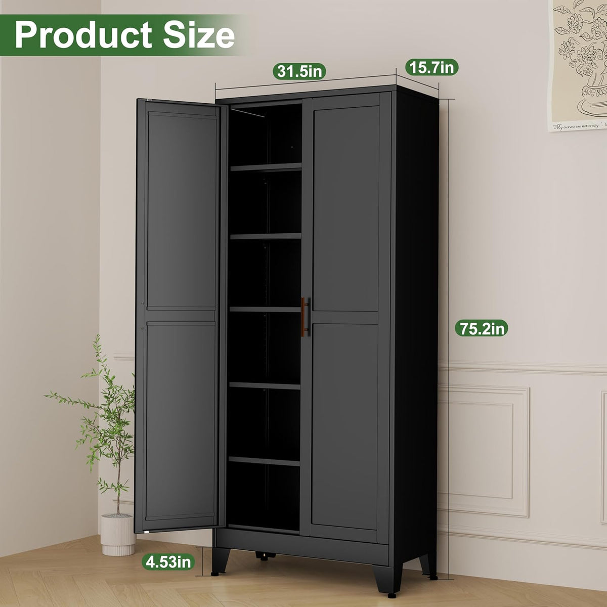 Ckzbx Metal Cabinets with Doors and Shelves, 75" H Black Storage Cabinet Pantry Cabinet Garage Cabinets for Kitchen,Living Room, Dinning Room