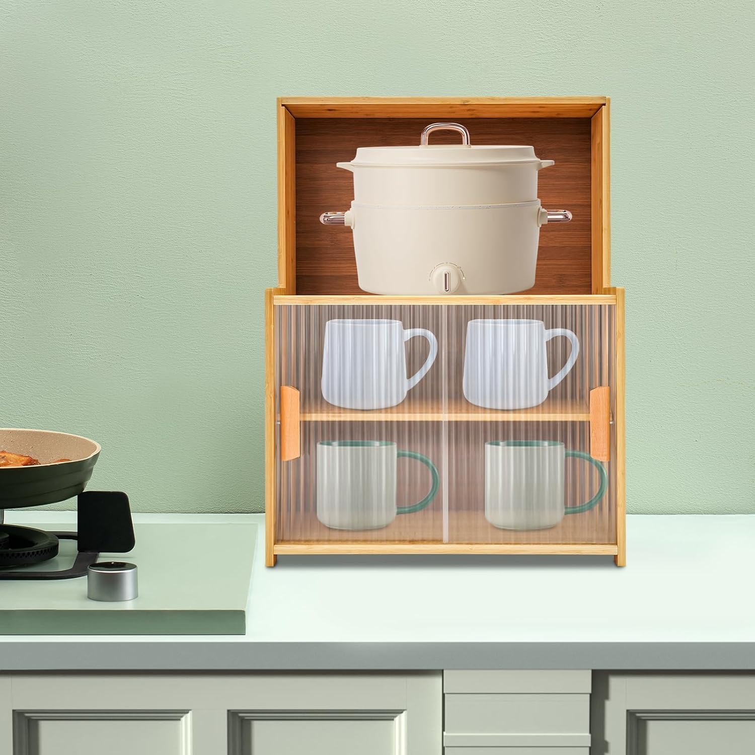 Kitchen Storage Cabinet with Sliding Doors, Bamboo Kitchen Pantry Sideboard, Adjustable Shelf Height, Semi-Clear Glass, for Spice Jars, Kitchen Utensils, Cups, Props , 17.7"x11"x24" (Log Color)