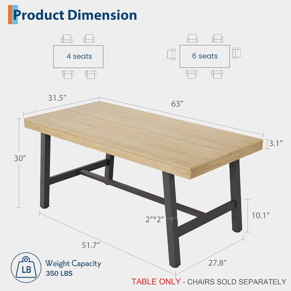 GarveeHome Industrial Dining Table for 4-6 People, 63" Long Large Kitchen Table with Sturdy Metal Frame, Rectangular Counter for Dinner, Kitchen, Dining Room (Natural, 63" Non-extendable)