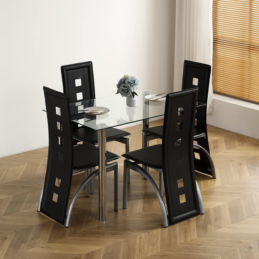 Karl home Glass Dining Table Set for 4, PVC Chairs,Silver Leg,Easy Assembly | Glass tabletop, 4 PVC chairs, space-saving, high back for long seating, for kitchen/breakfast/dining/living room