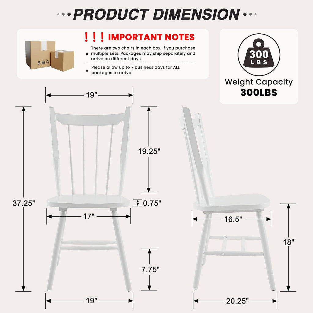 HNY White Windsor Dining Chairs Set of 2, Farmhouse Wooden Kitchen Chairs with Spindle Back, Mid Century Modern Armless Kitchen Side Chair for Dining Living Room Restaurant