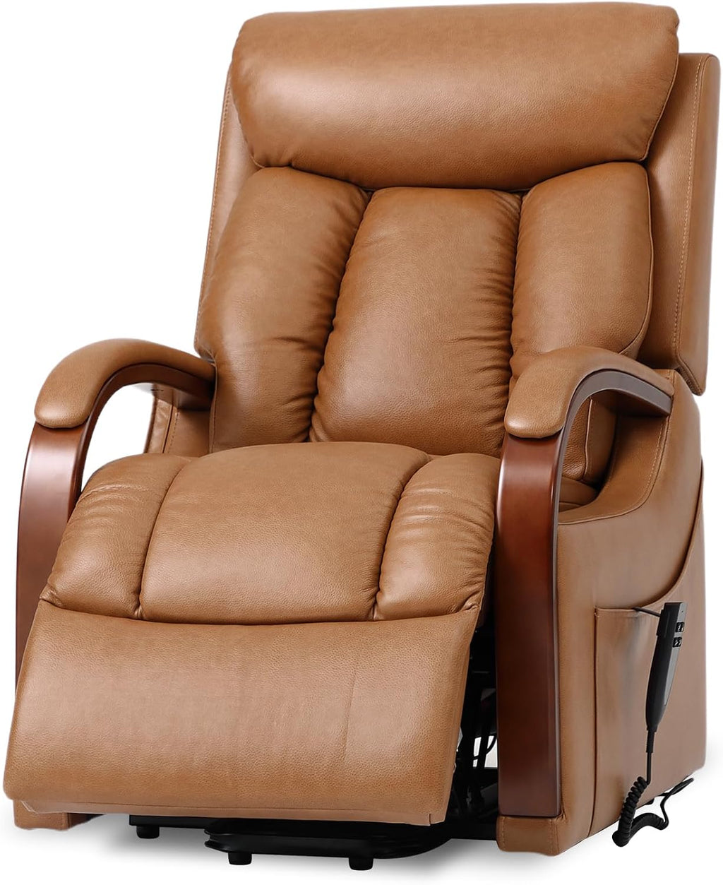 DYNOX Small Lift Chair Recliner with Heat and Massage, Dual Motor Power Lift Sofa for Elderly,Infinite Adjust for Back and Footrest,Side Pocket(9185,Genuine Leather,Camel