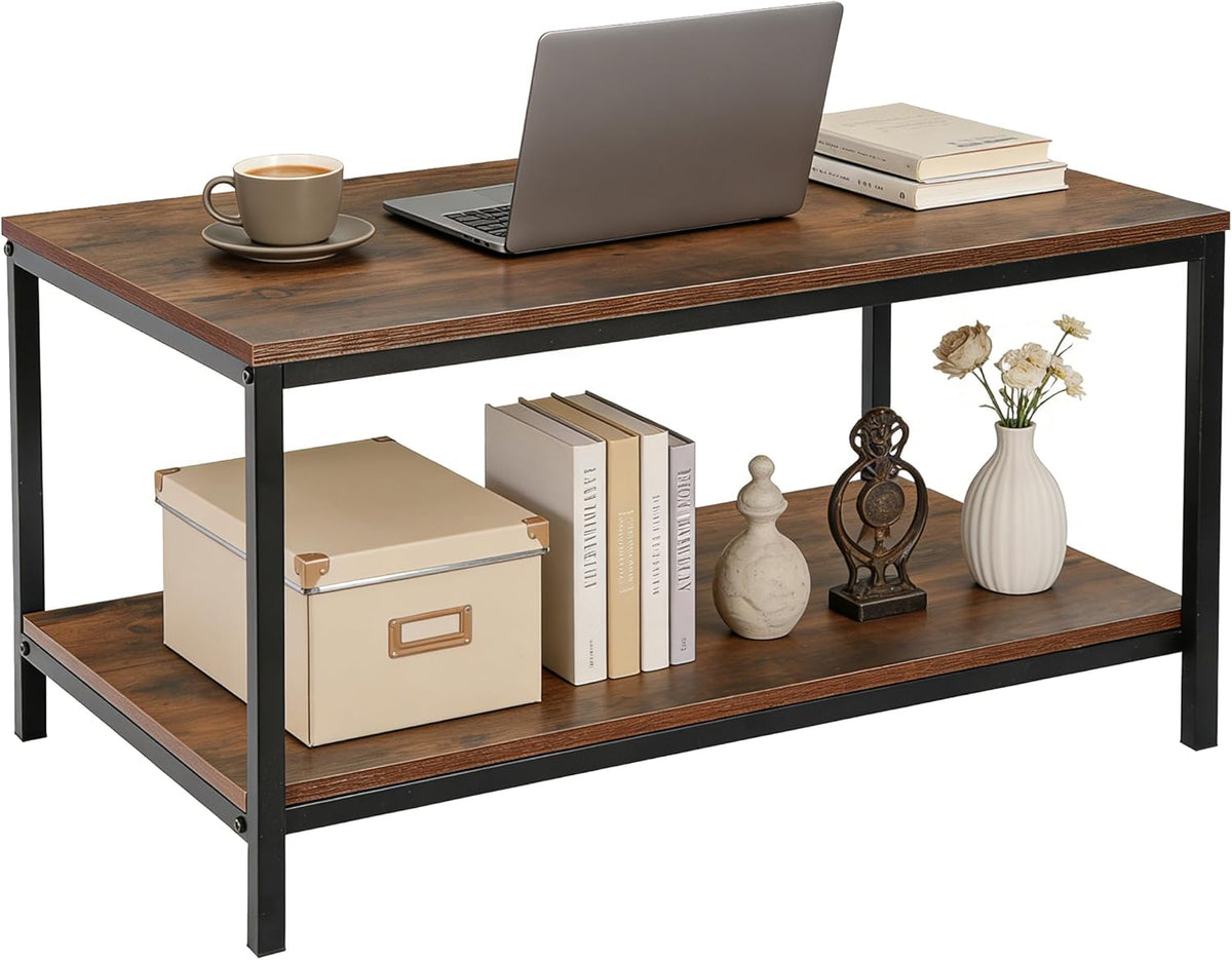 SUPER DEAL 2-Tier Industrial Coffee Table with Storage Shelf for Small Apartment Living Room, Rectangle Wood and Stable Metal TV Stand Side End Table, Rustic Brown