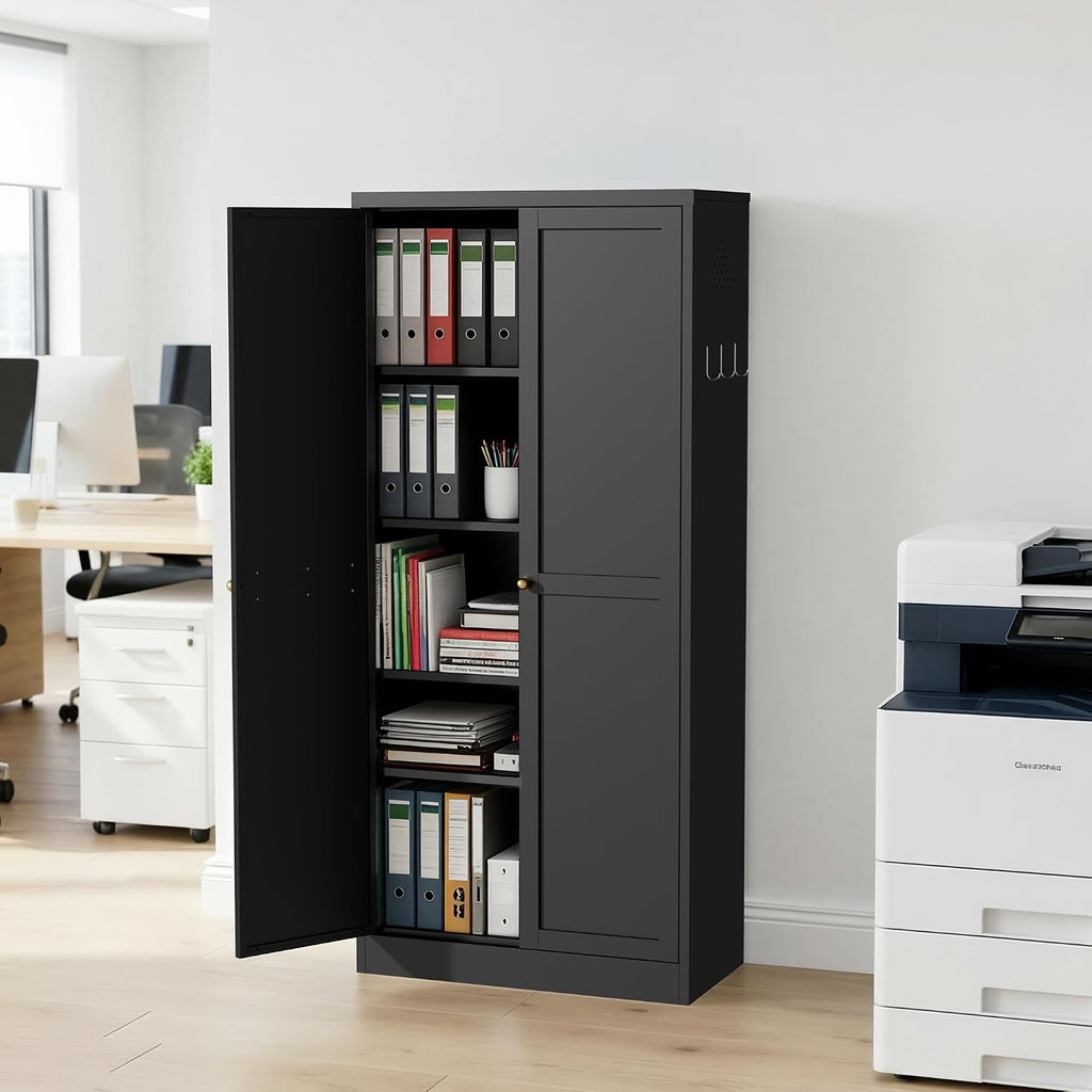 Kitchen Pantry Cabinet, 61" H Storage Cabinet with Doors and Adjustable Shelves, Spacious Cupboard with 2 Handles, Metal Kitchen Cabinet for Dining Room, Living Room,Black