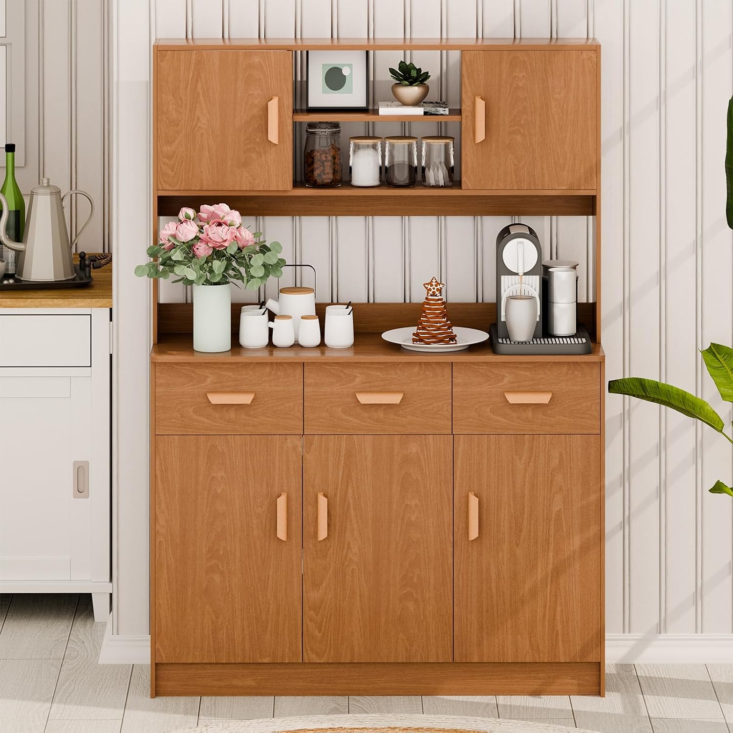 Talent Star Pantry Cabinets for Kitchen Storage, Freestanding Hutch Cabinet with Buffet Cupboard, Utility Pantry with Microwave Stand, Household Wall Tall Sideboard with 3 Drawers Ebony