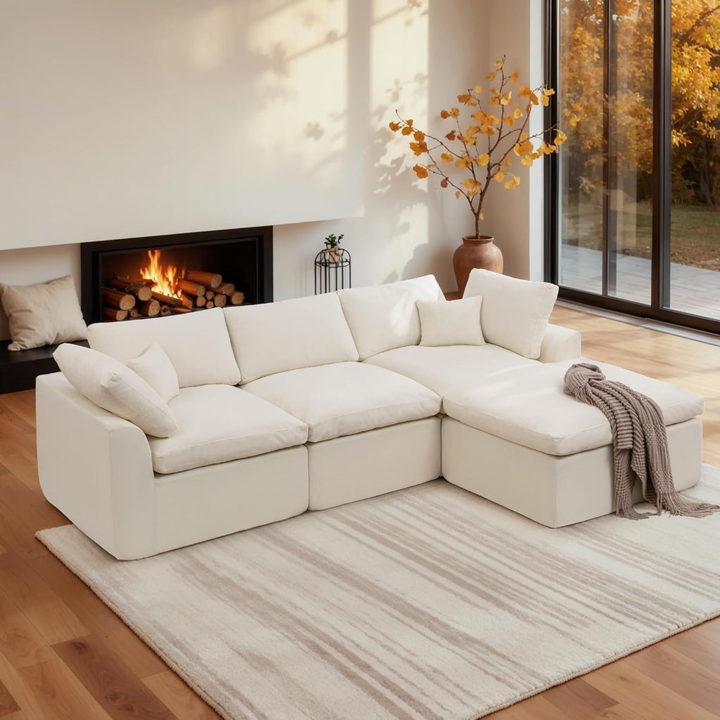 Korser 110" Cloud Sectional Couches for Living Room, Modern Modular Sectional Sofa with Ottoman, Cloud Couch with Comfy Deep Seats, Fluffy Chenille L-Shape Sofa Couch for Living Room, Beige