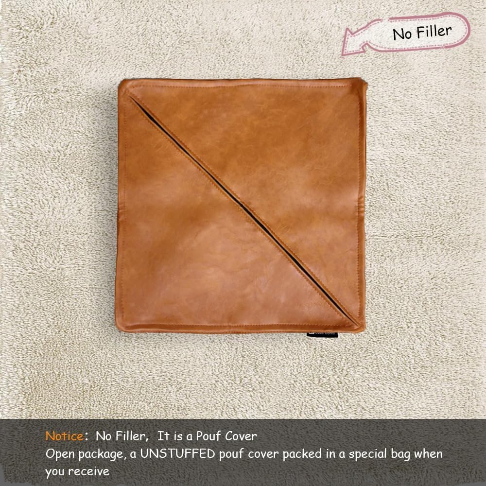 Pouf Ottoman, Unstuffed Pouf Cover, Handmade Faux PU Leather Moroccan, Orange Brown 17.7" Square, Foot Rest for Living Room, Floor Chair Gifts for Men Women, (Only Cover)
