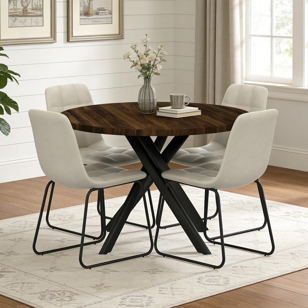 44" Round Dining Table Set for 4, Modern X-Shaped Metal Leg Table | Cushioned Cozy Beige Chairs of 4, Mid-Century Walnut Tabletop, Dinette set for Kitchen, Dining Room & Apartments