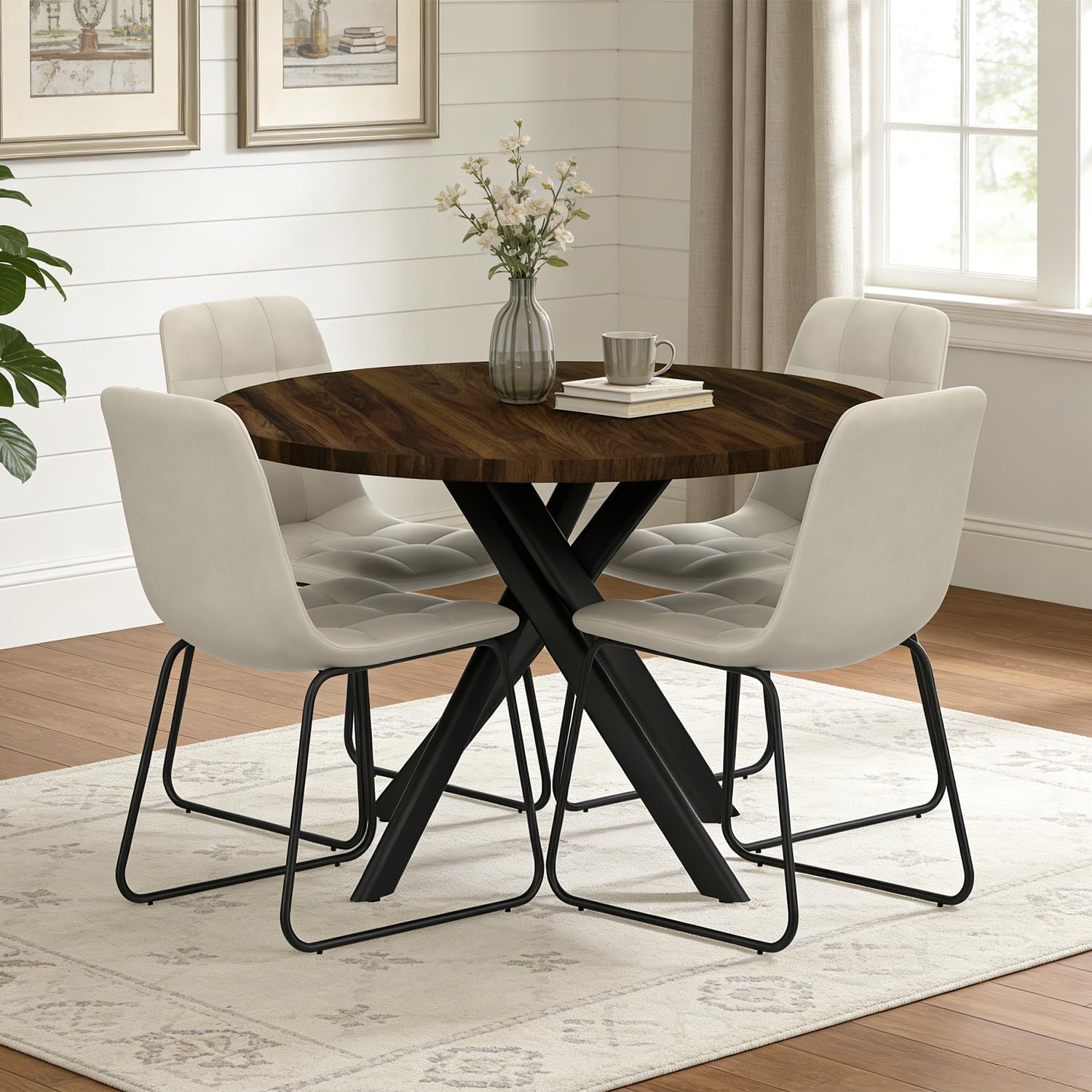 44" Round Dining Table Set for 4, Modern X-Shaped Metal Leg Table | Cushioned Cozy Beige Chairs of 4, Mid-Century Walnut Tabletop, Dinette set for Kitchen, Dining Room & Apartments