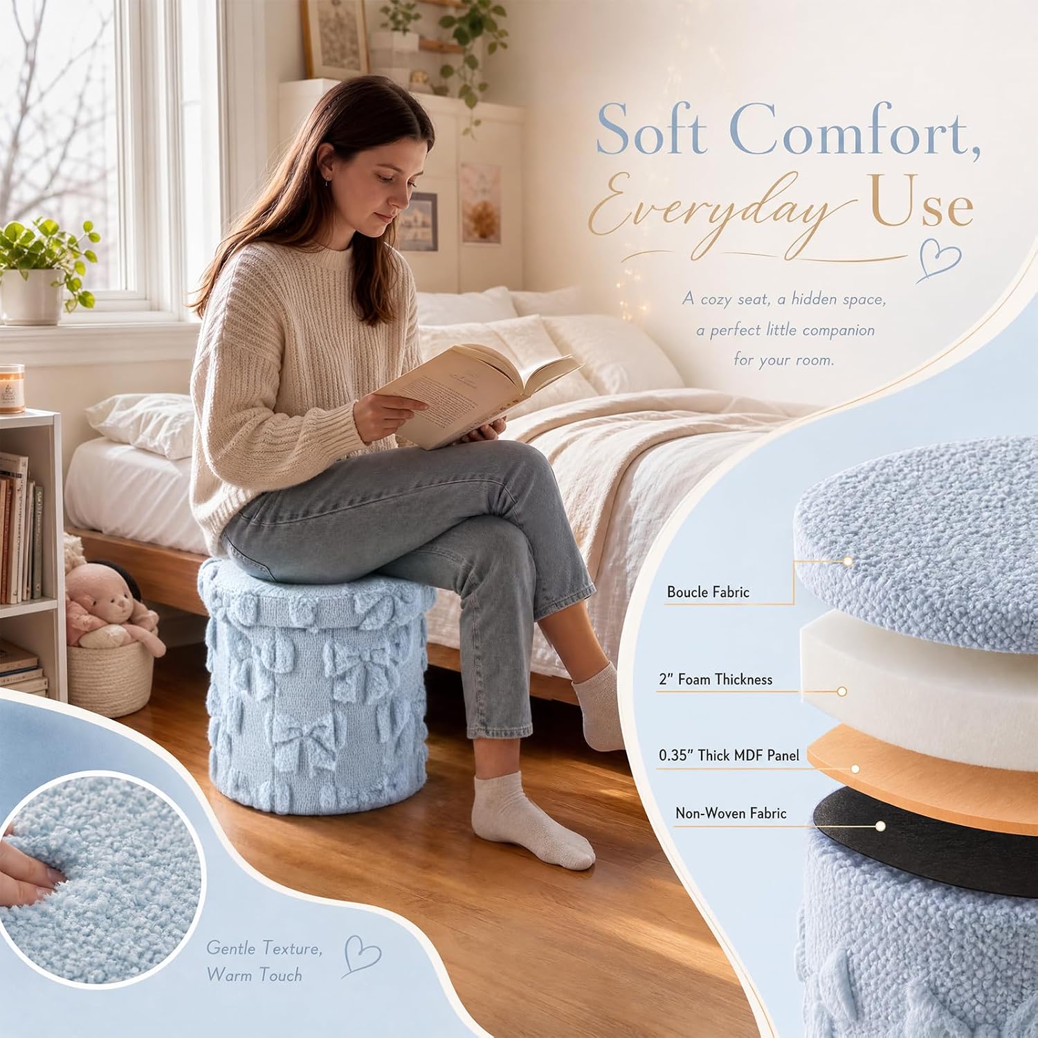 RattanView Foldable Ottoman with Storage 12 Inch Blue Bow Coquette Round Storage Ottoman Small Foot Rest Stool with Lid for Back to School, College Dorm, Bedroom & Office