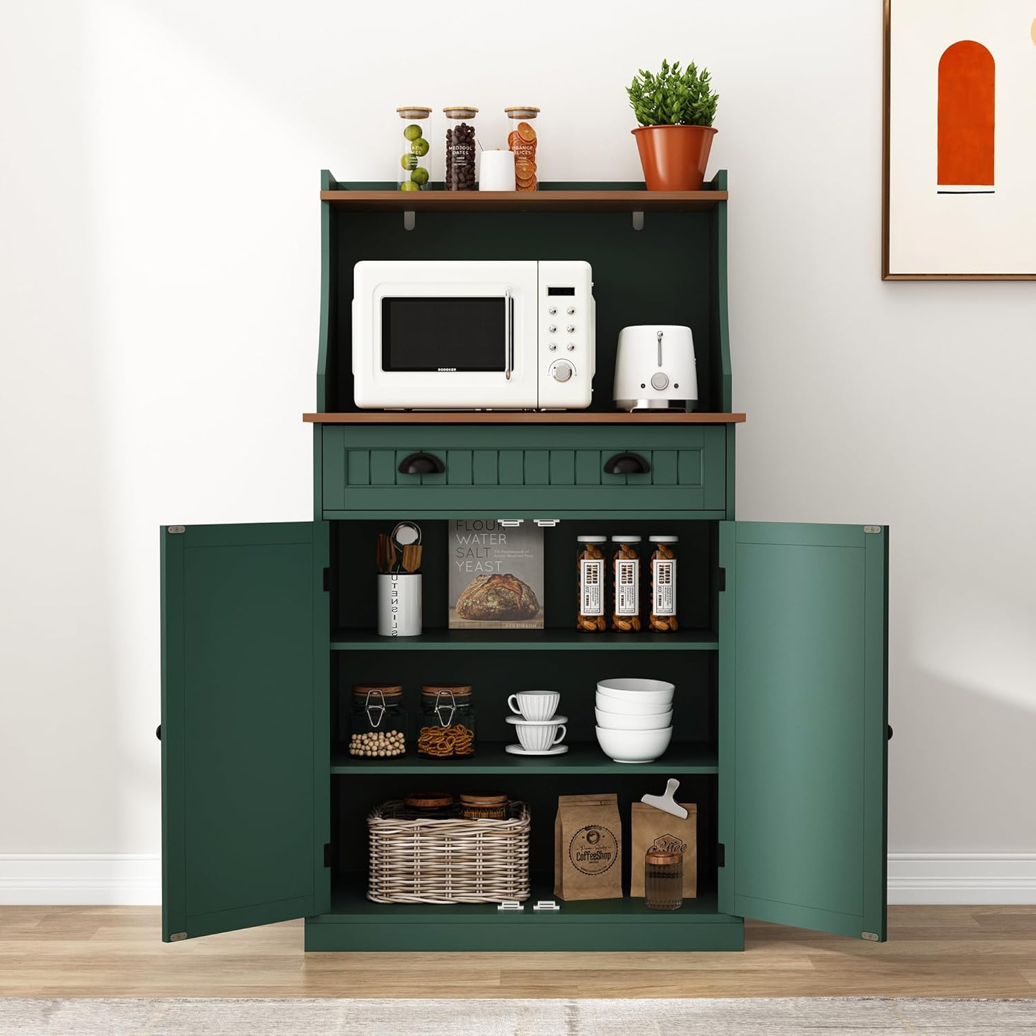 HOLTICO 54" Kitchen Pantry Storage Cabinet with Doors and Adjustable Shelves, Green Freestanding Microwave Cabinet with Drawer for Kitchen, Coffee Bar, Living Room