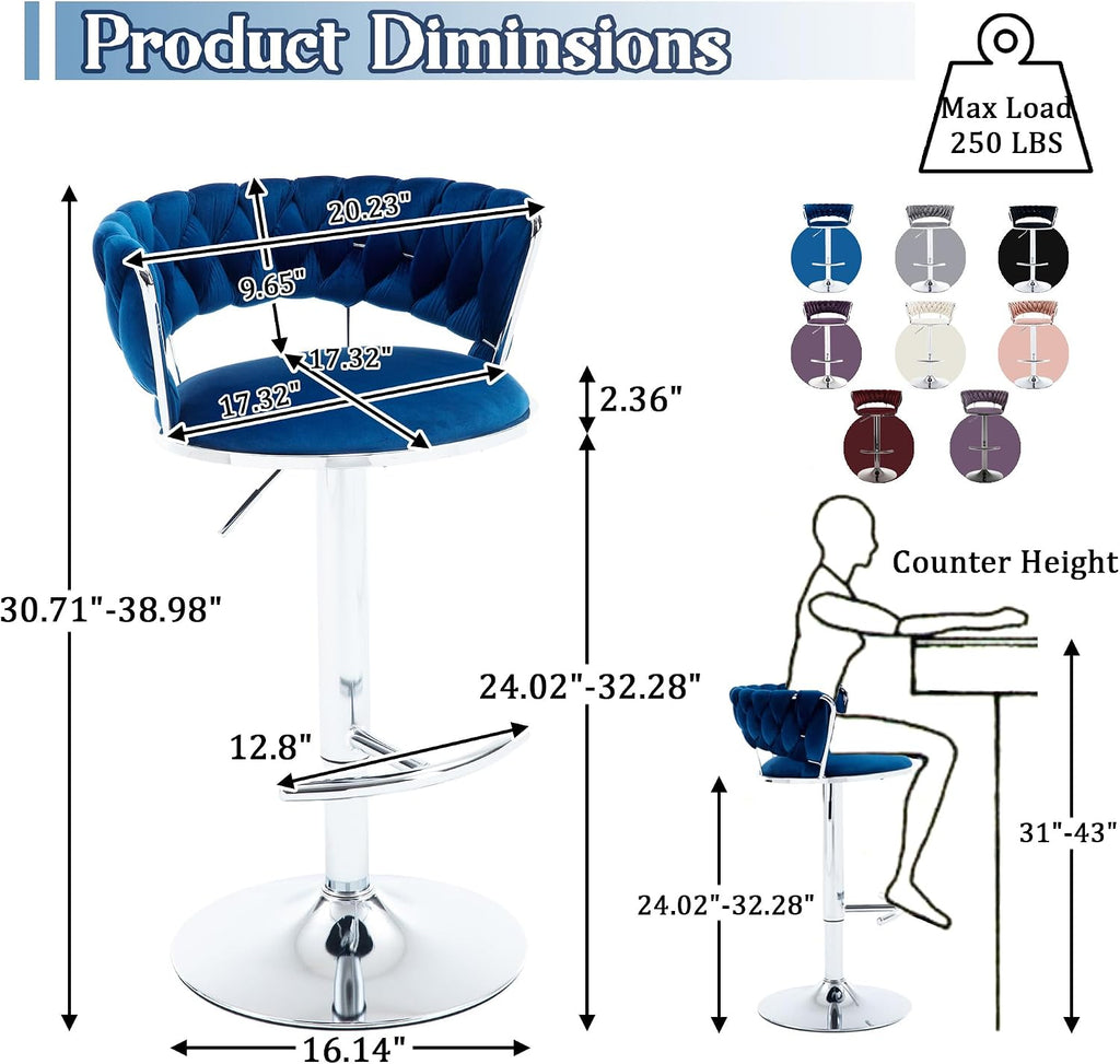 Blue Velvet Swivel Bar Stools Set of 2, Adjustable Counter Height Stools | Kitchen Island Stool with Metal Base, Woven Hollow Back, Upholstered, 360° Swivel, for Dining Room, Pubs