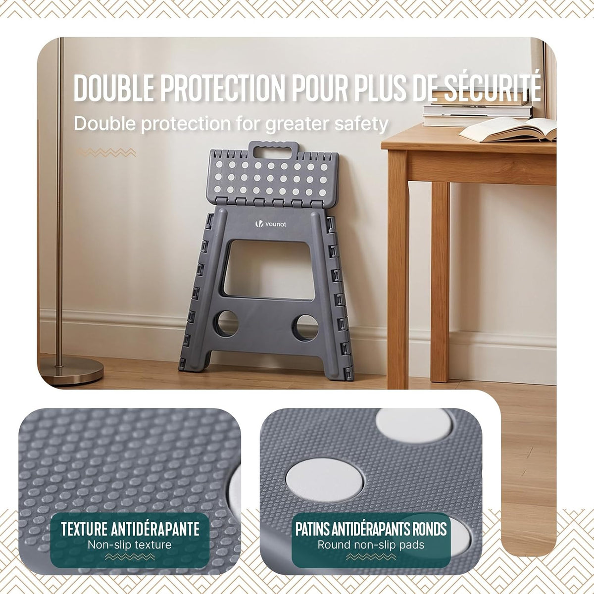 VOUNOT® Folding Step Stool, Portable Stepping Stool with Carrying Handle, Anti-Slip Folding Stool for Bathroom, Garden, Camping, Home, 39 x 32 x 40 cm, Grey