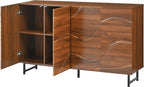 Modern Sideboard with Wave Relief Design, 59 Inch Solid Wood Storage Cabinet & Buffet with Iron Legs for Dining Room, Industrial TV Stand for Living Room, Walnut Finish (Wood + 1)