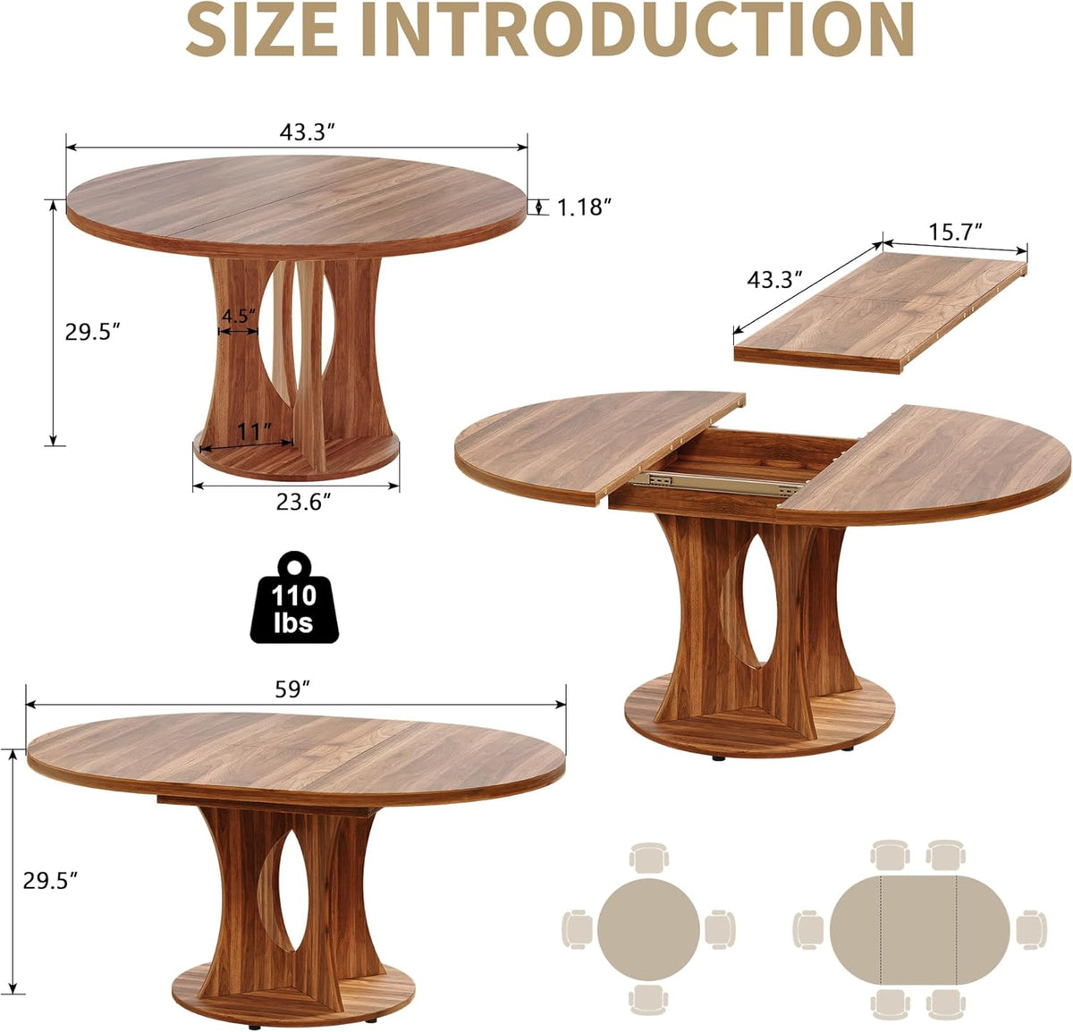 iPormis 43.3-59 Inch Extendable Round Dining Table for 6-8 People, Oval Dinner Table with Adjustable Top and A Stable Round Pedestal Base, Space Saving Wooden Kitchen and Dining Table, Walnut