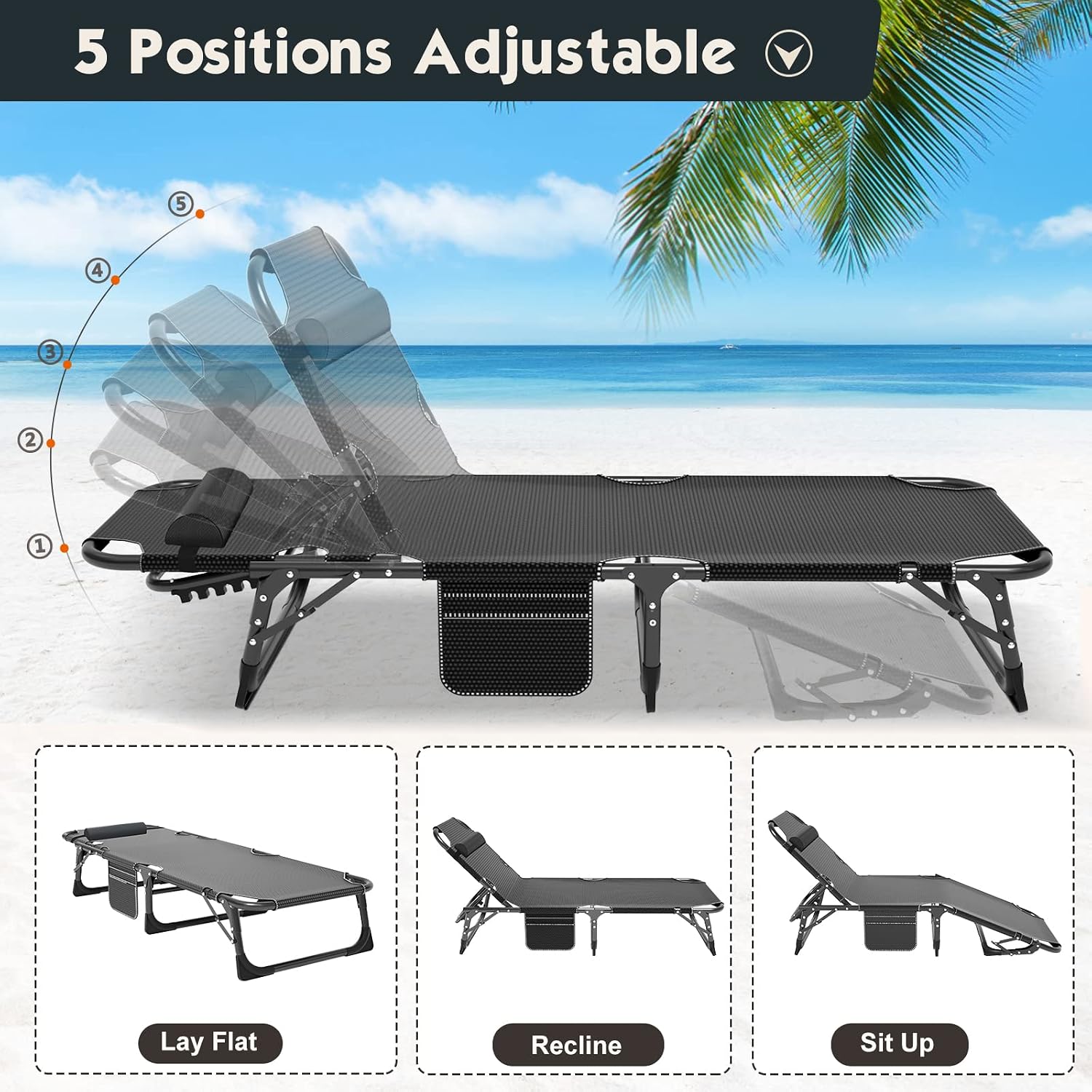 MOPHOTO 5-Position Folding Chaise Lounge Chair for Patio, Outdoor & Pool | 5 adjustable positions and a padded design create a comfortable spot to relax at the beach, pool, patio, lawn, or campsite