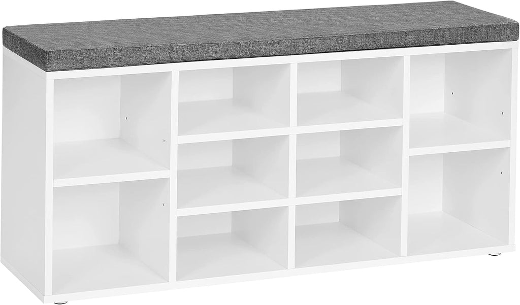 VASAGLE Shoe Bench with Cushion, 10 Compartments, 11.8 x 40.9 x 18.9 Inches | Entryway Storage Bench with Padded Seat, for Bedroom, Cloud White and Dove Gray, CUSTOS Collection ULHS10WT