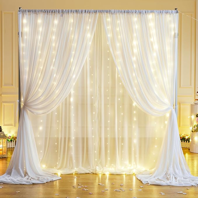 10x10ft White Sheer Backdrop Curtain with Lights String for Wedding, Fairy Light Up Curtain Backdrops for Baby Shower, Chiffon Photo Backdrop Drapes for Birthday Party Photo Shoot (5 x 10ft,2 Panels)