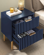 SICOTAS Night Stand Set 2, Fluted Glossy Nightstands Set of 2 with Drawers | Wide Modern Blue Storage Bedside Table for Bedroom, End Side Table with Golden Metal Legs and Handles, 2 Pieces