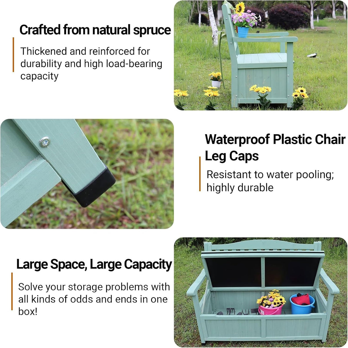 48in Wooden Outdoor Storage Bench, 2-Seater Patio Garden Bench with Backrest & Armrests, Weather-Resistant Deck Box for Porch, Yard & Pool(Green)