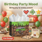 Crisky Large Video Game Birthday Bags with 3D Pop Up Cake Card, Tissue Papers, Pixel Boys Birthday Gift Bag for Teens Girls Men Women Gamer Party Decorations