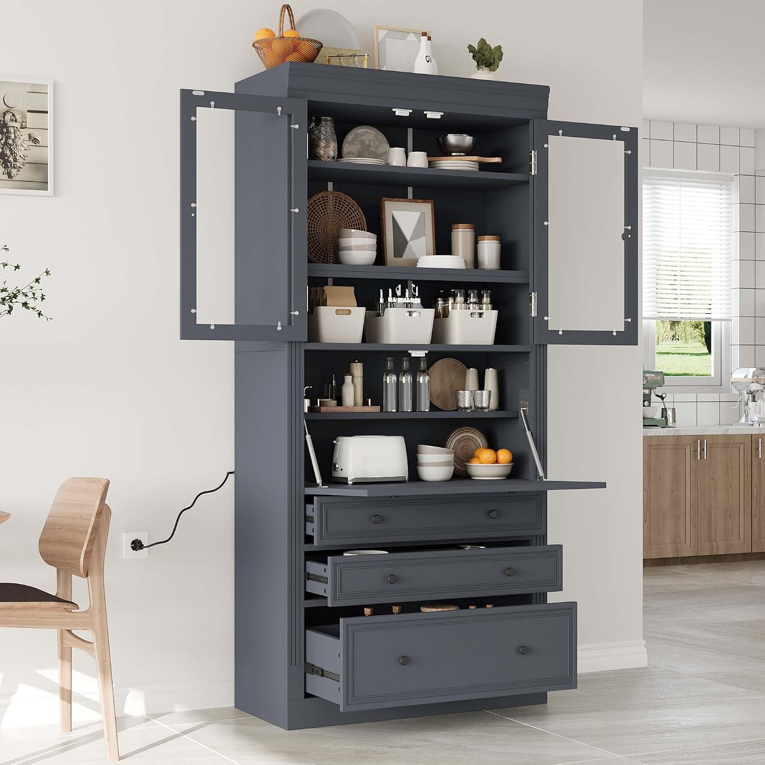 78” Kitchen Cabinet Pantry with 3 Drawers, Food Storage Cabinet with Power Outlet & Shelves, Food Pantry for Kitchen Dining Room, Easy Assembly (Grey)