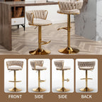 Gold Bar Stools Set of 3, Counter Stools for Kitchen Island (Beige) | Adjustable Height Barstools with Woven Backs, Luxury Velvet Upholstery, Swivel Bar Chairs for Home Bar, Cafe