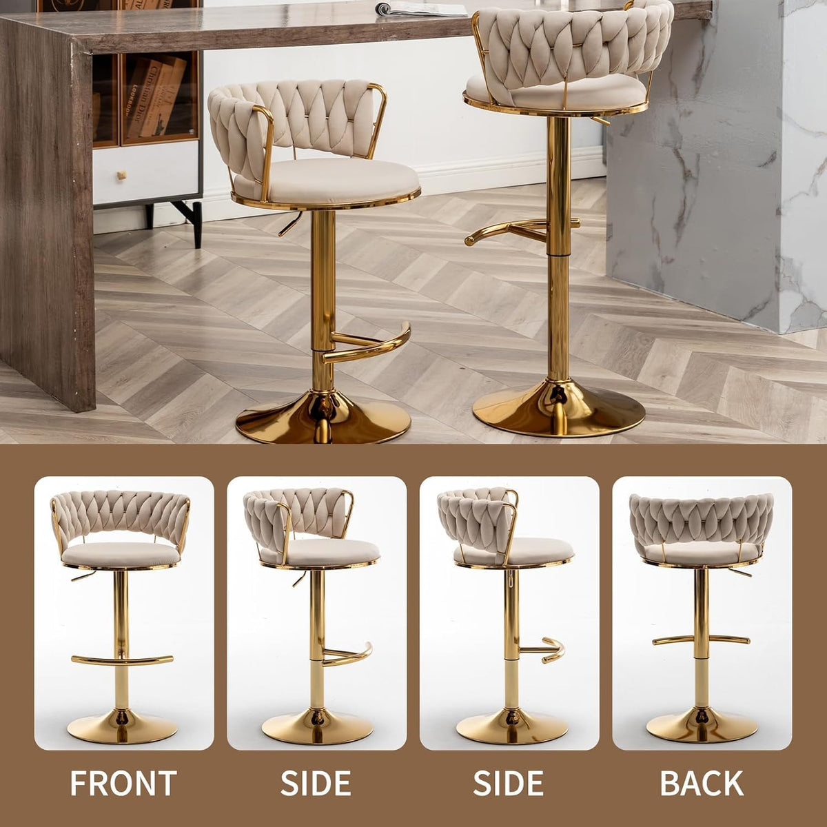 Gold Bar Stools Set of 3, Counter Stools for Kitchen Island (Beige) | Adjustable Height Barstools with Woven Backs, Luxury Velvet Upholstery, Swivel Bar Chairs for Home Bar, Cafe