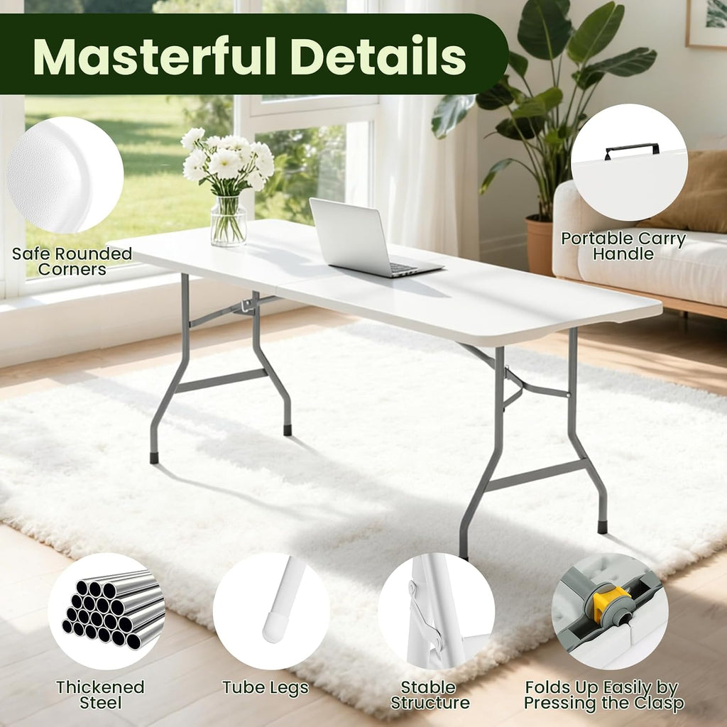 6FT White Plastic Folding Table Set with 6 Black PU Padded Chairs | Portable Foldable Tables and Chairs for Parties Picnic Events Office Dining Outdoor Activities Home and Commercial Use
