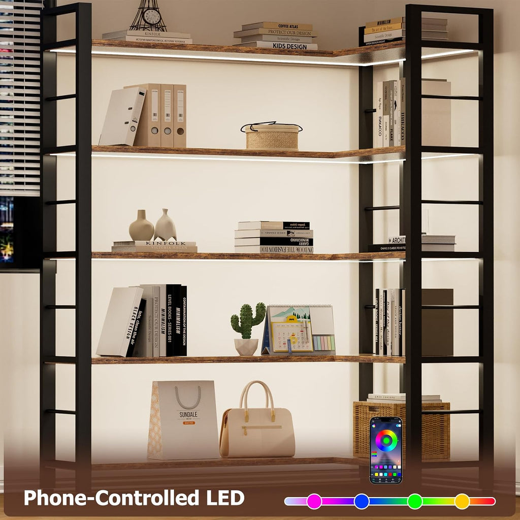 INNOD 65" X 50" Straight Wide 5 Tier Bookshelf with LED Light, L Shaped Bookcase with Adjustable Feet, Corner Book Case with 10 Open Shelves, Shelf Unit Display Shelf for Living Room, Home Office