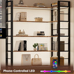 INNOD 65" X 50" Straight Wide 5 Tier Bookshelf with LED Light, L Shaped Bookcase with Adjustable Feet, Corner Book Case with 10 Open Shelves, Shelf Unit Display Shelf for Living Room, Home Office