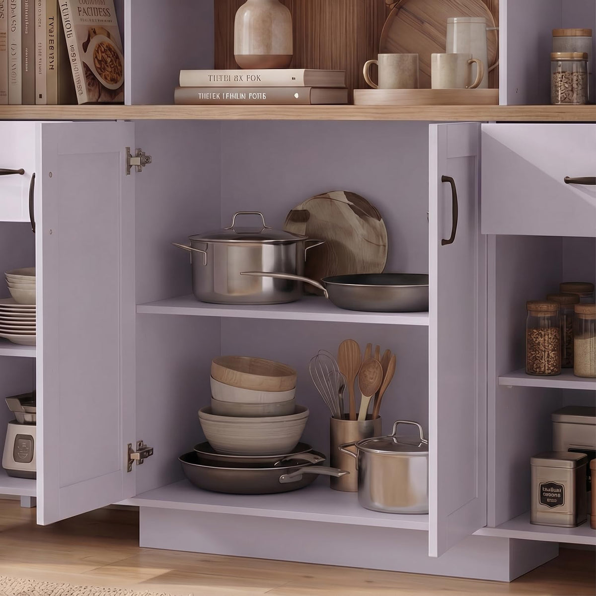 78.7” Farmhouse Kitchen Pantry Cabinet with Glass Doors & Hutch, Tall Pantry Storage Cupboard with 2 Drawers & Adjustable Shelf, Dining Room Home Bar, Purple & Brown, 66.9”W x 19.7”D x 78.7”H