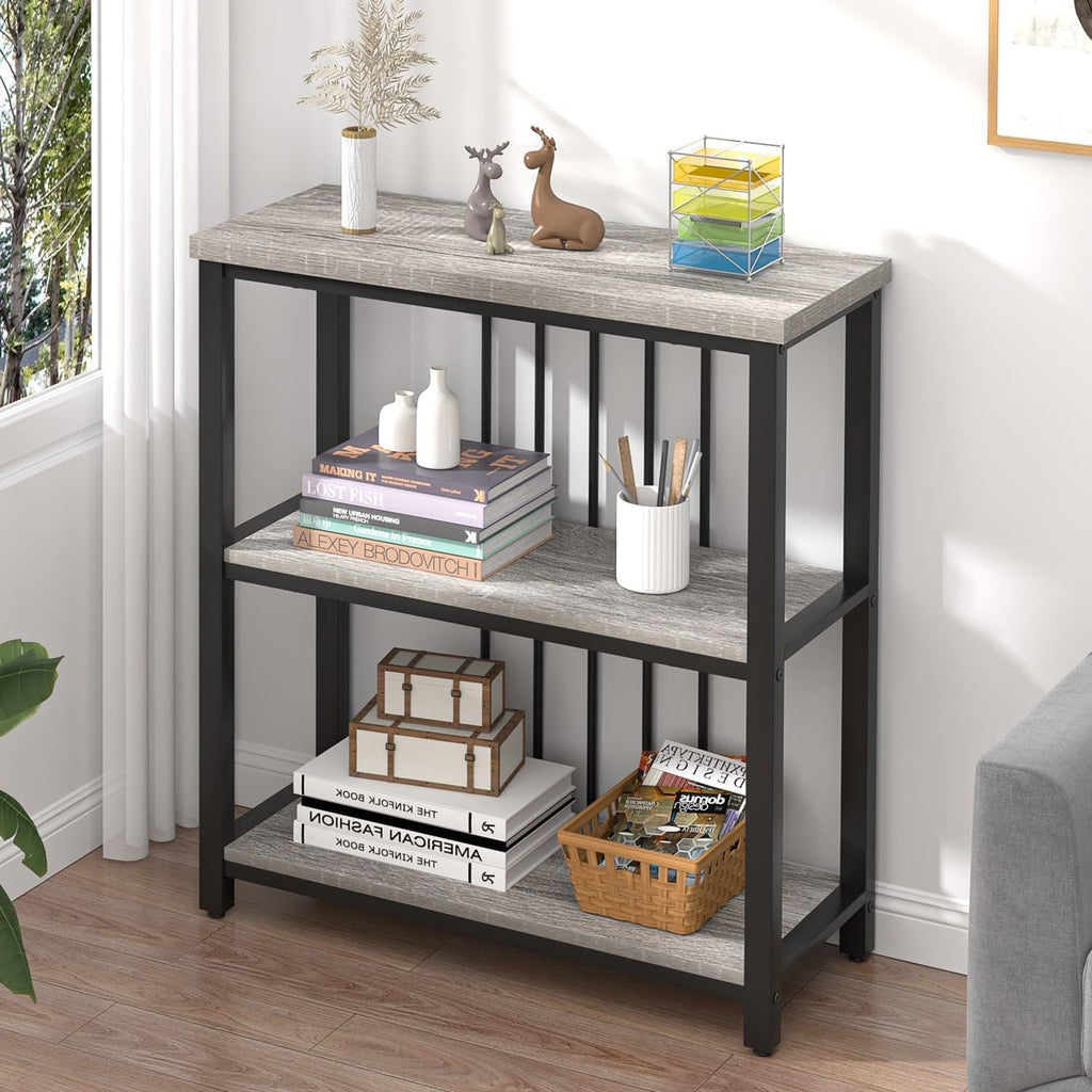 FOLUBAN 3 Tier Bookshelf, Short Bookcase for Small Space, Modern Wooden and Metal Book Shelf for Living Room Bedroom Office (Light Grey Oak)
