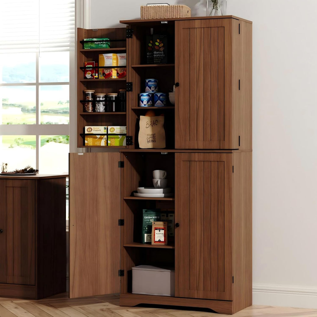 Furnify 72" Tall Kitchen Pantry, Farmhouse Pantry Storage Cabinet with Doors Organizer, Freestanding Cupboard with Adjustable Shelves, Rustic Buffet Cabinet for Kitchen, Dining Room, Bathroom, Walnut